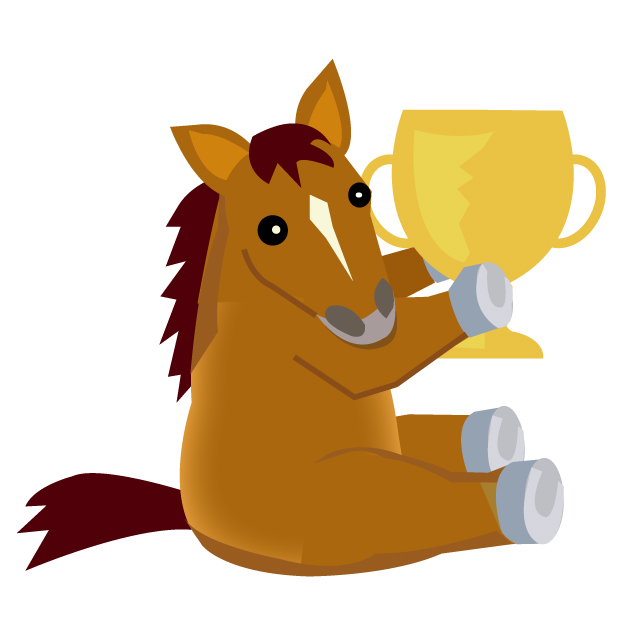 優勝カップを持つかわいい馬のキャラクター お馬の素材屋